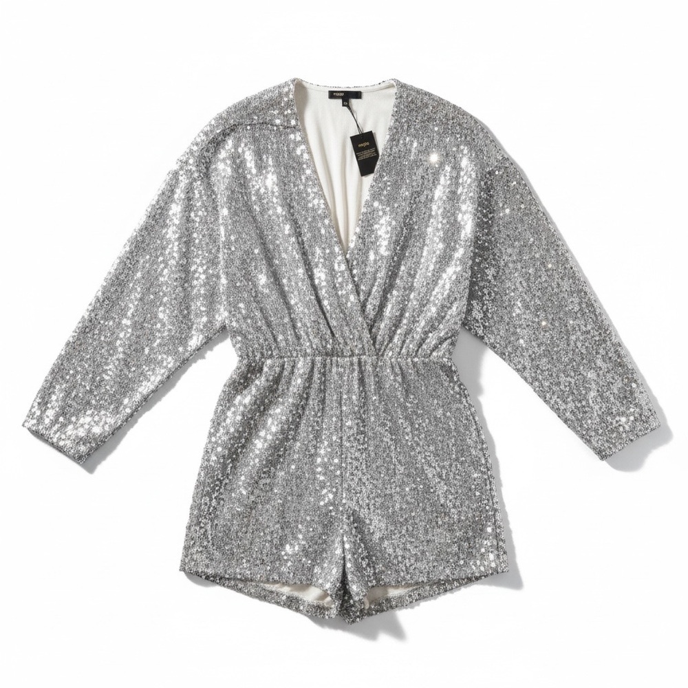 Maje Silver Sequin Playsuit Romper Wrap V Neck Long Sleeve FR 38 US 6 NWT $415 - Picture 11 of 12